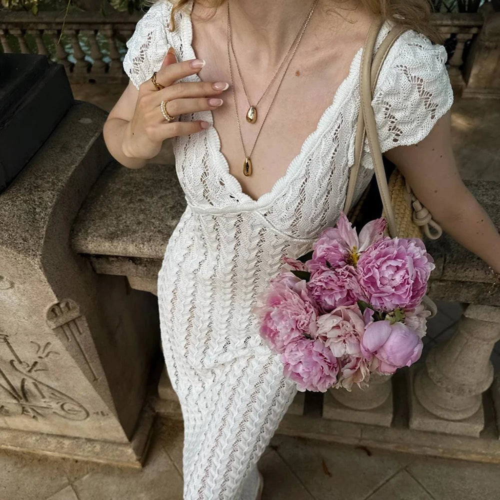 Tuularose Ruffle Knit Dress Sexy v Neck Sleeveless Ruffle Backless Knit Long Dress Elegant Luxury Y2k Women's Evening Dresses