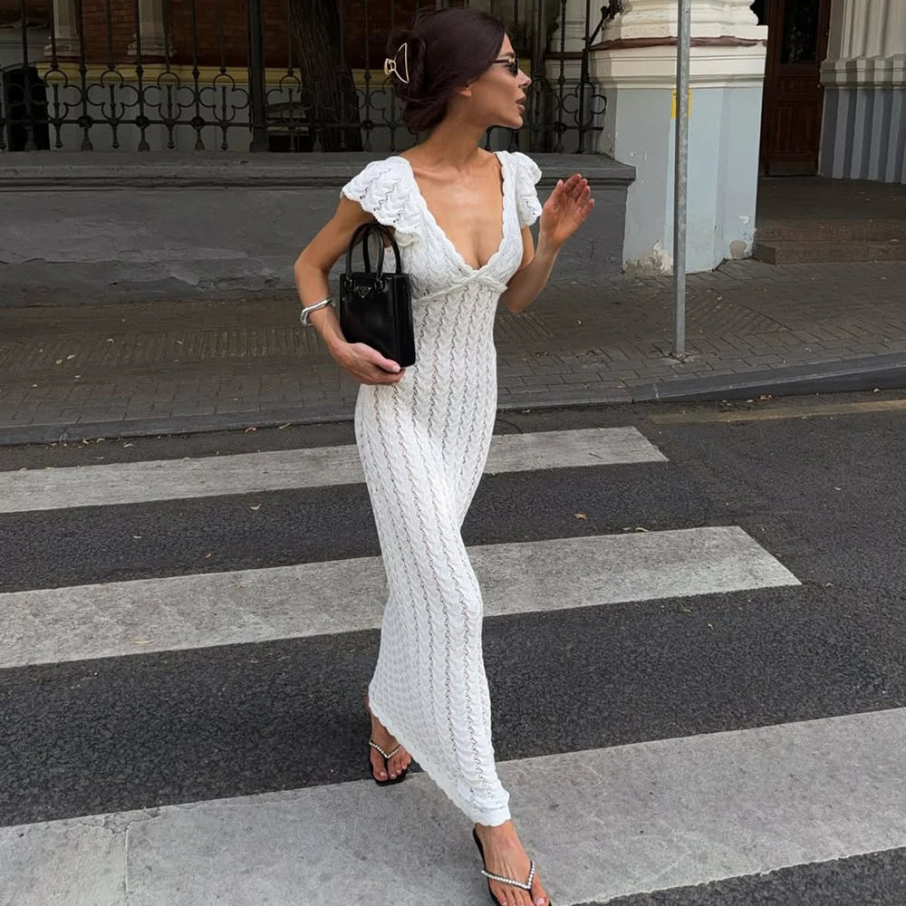 Tuularose Ruffle Knit Dress Sexy v Neck Sleeveless Ruffle Backless Knit Long Dress Elegant Luxury Y2k Women's Evening Dresses