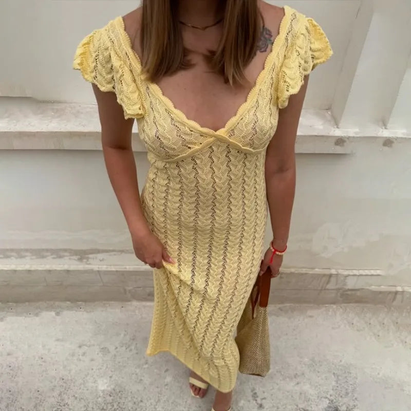Tuularose Ruffle Knit Dress Sexy v Neck Sleeveless Ruffle Backless Knit Long Dress Elegant Luxury Y2k Women's Evening Dresses