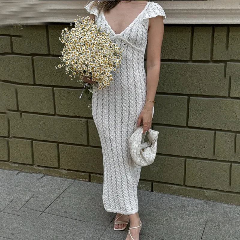 Tuularose Ruffle Knit Dress Sexy v Neck Sleeveless Ruffle Backless Knit Long Dress Elegant Luxury Y2k Women's Evening Dresses