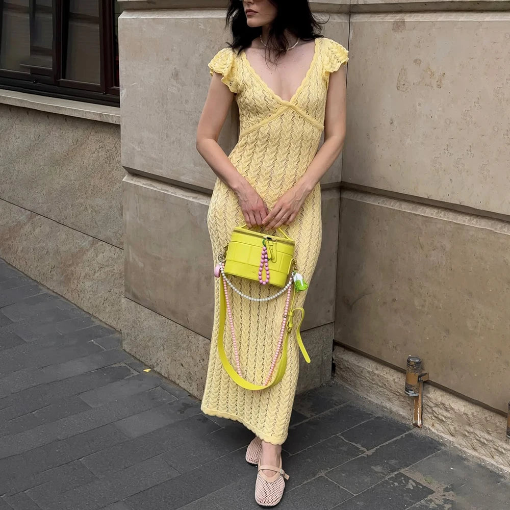 Tuularose Ruffle Knit Dress Sexy v Neck Sleeveless Ruffle Backless Knit Long Dress Elegant Luxury Y2k Women's Evening Dresses