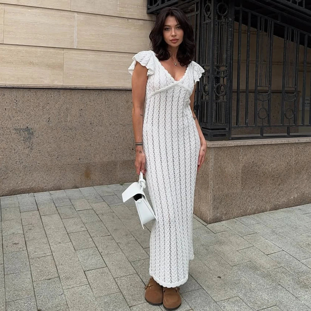 Tuularose Ruffle Knit Dress Sexy v Neck Sleeveless Ruffle Backless Knit Long Dress Elegant Luxury Y2k Women's Evening Dresses