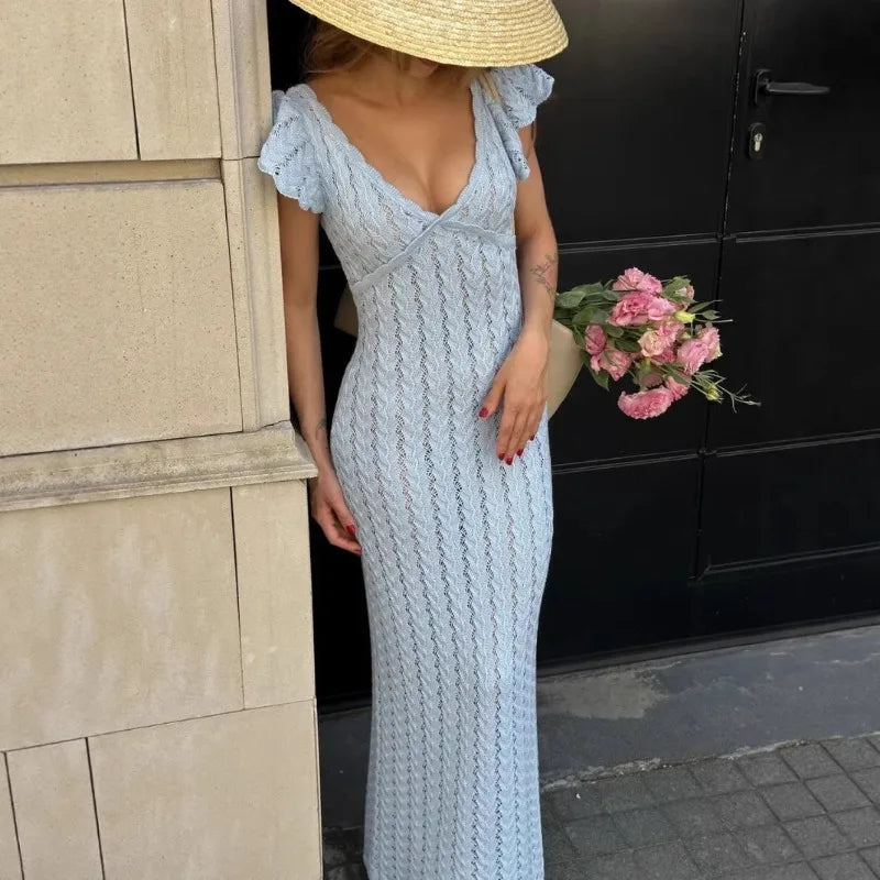 Tuularose Ruffle Knit Dress Sexy v Neck Sleeveless Ruffle Backless Knit Long Dress Elegant Luxury Y2k Women's Evening Dresses